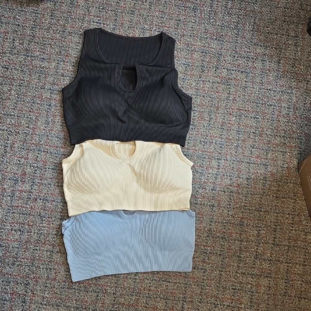 Seamless Ribbed Sports Bras - Black, Cream, Light Blue